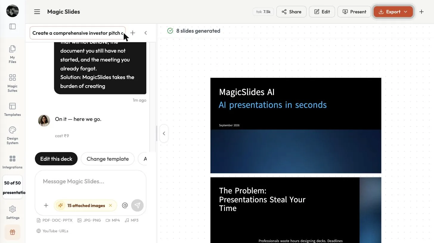 8 slides generated for the MagicSlides AI pitch deck