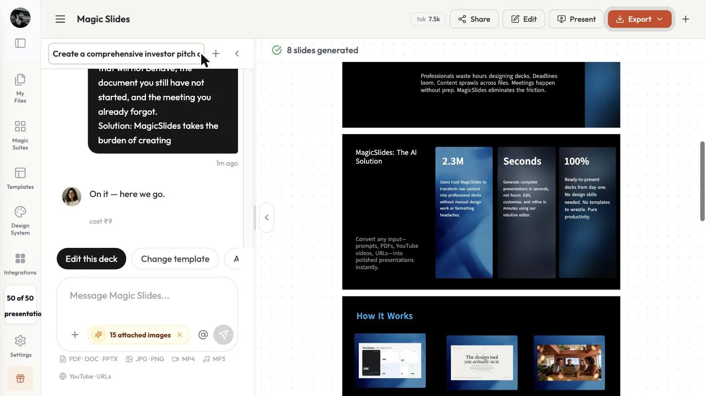 The solution slide with 2.3M users and the How It Works slide with product images