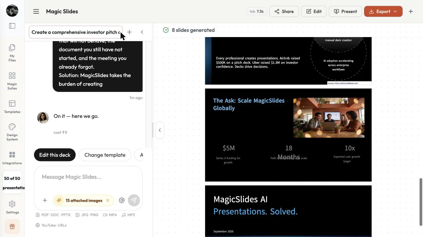 The Ask slide showing 5 million dollar Series A, 18 months and 10x growth as placeholder figures