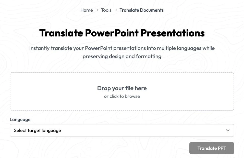 MagicSlides Translate PowerPoint Presentations page with the drop zone and language picker
