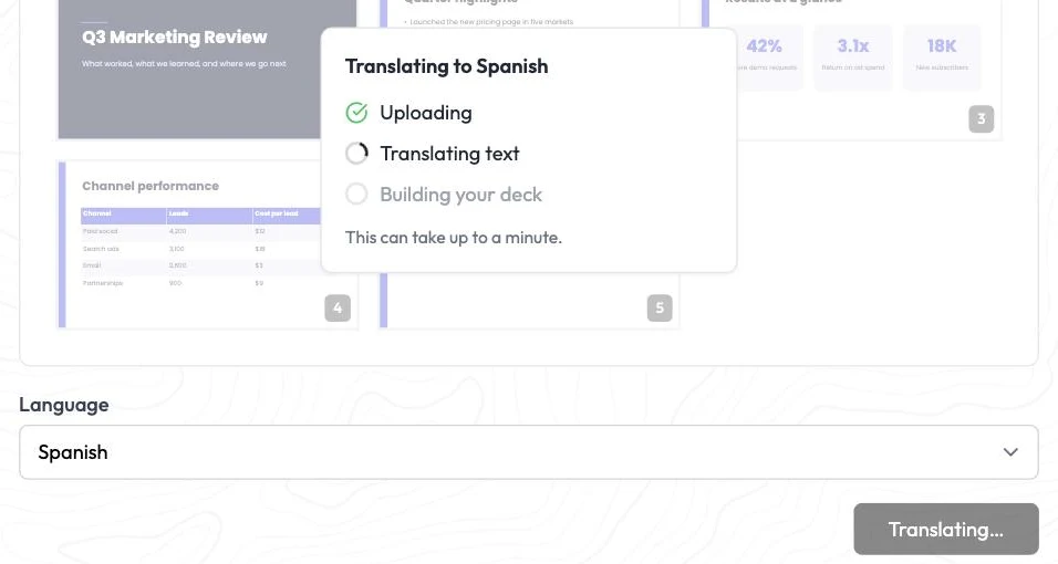 Progress card reading Translating to Spanish with Uploading done and Translating text in progress