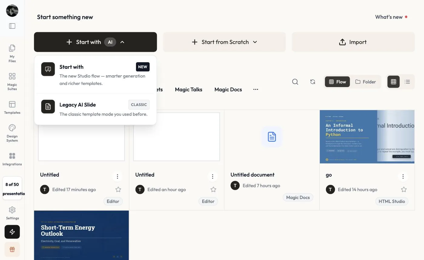 The MagicSlides dashboard Start with AI menu showing Start with (New) and Legacy AI Slide