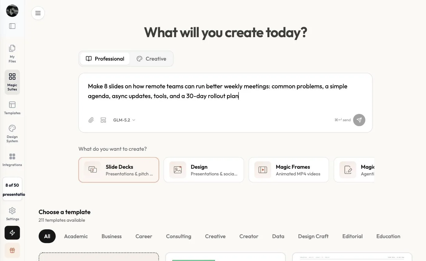 The What will you create today page with a prompt typed in the box