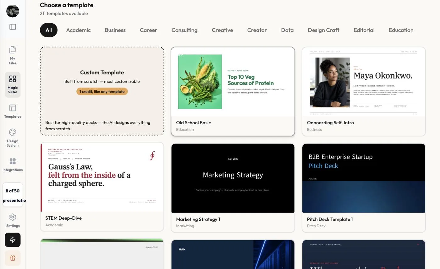 The Choose a template grid with 211 templates and category filters
