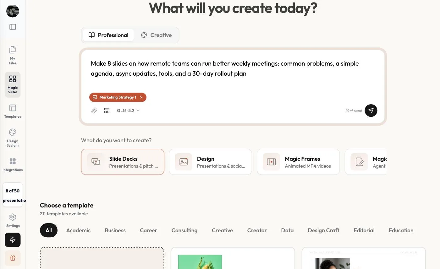 The prompt box with the Marketing Strategy 1 template chip attached and the send button active
