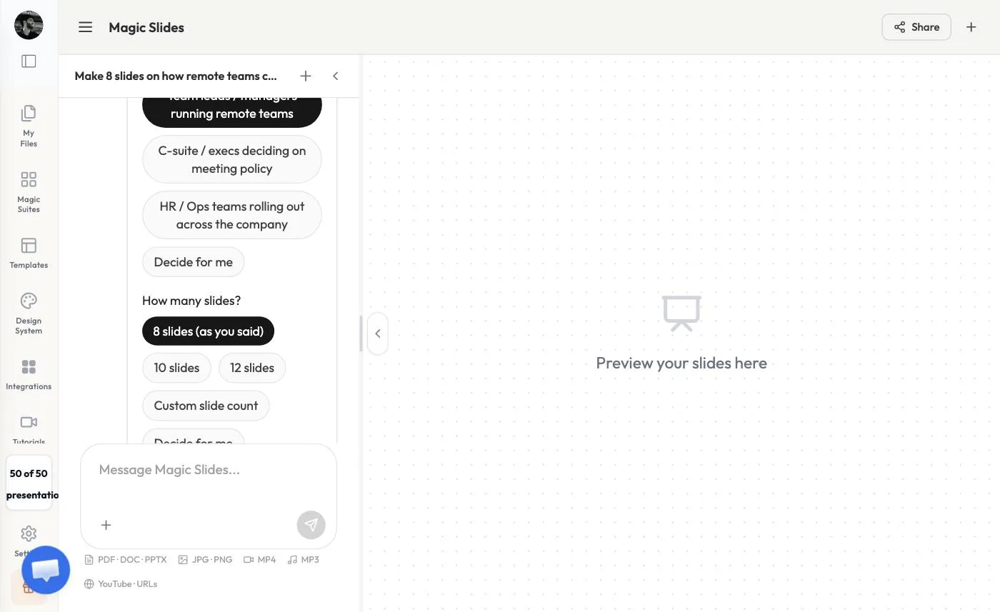 The quick questions: main focus, who it's for, and how many slides, with Decide for me options