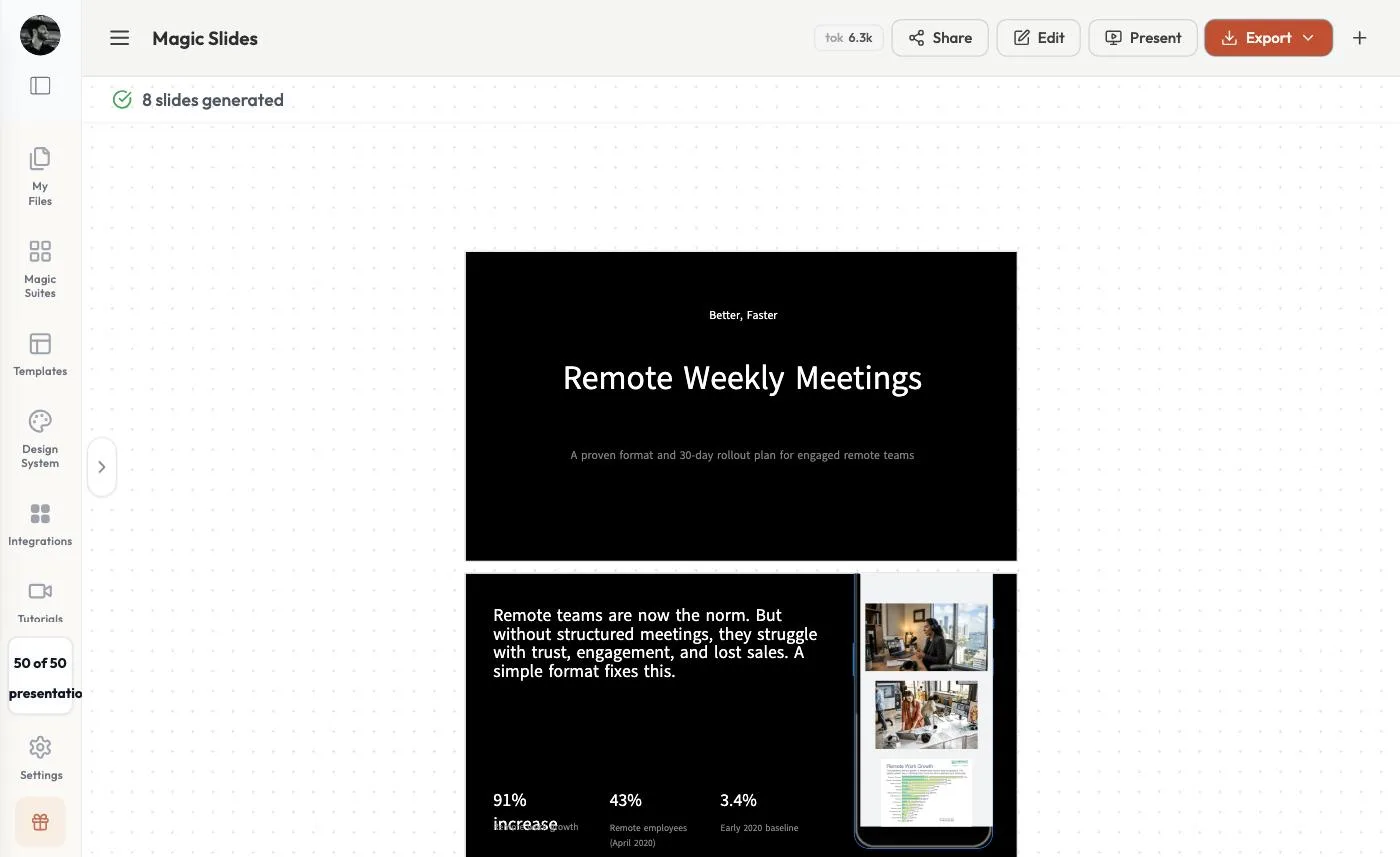The generated Remote Weekly Meetings presentation with Share, Edit, Present and Export buttons