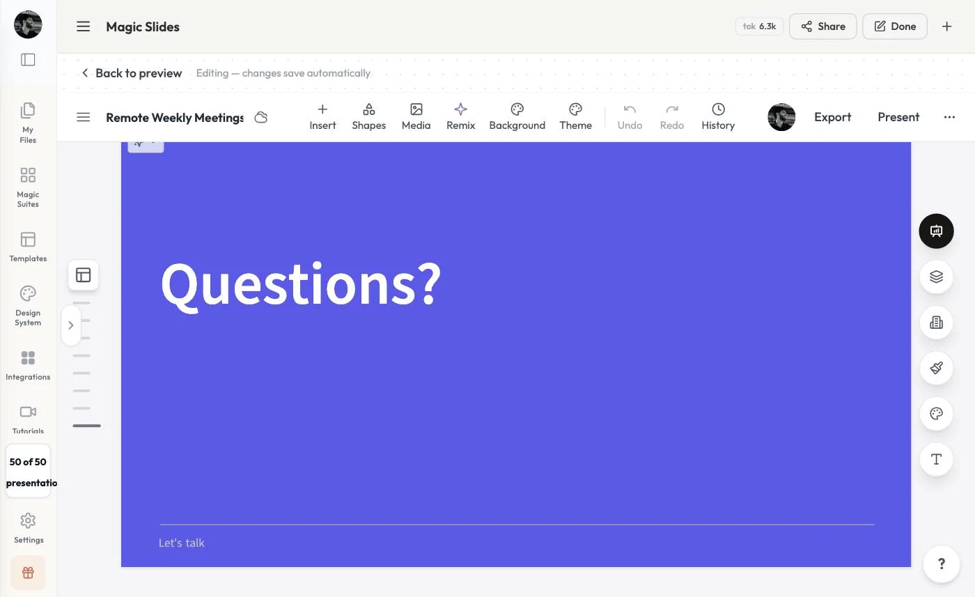 The MagicSlides editor with Insert, Shapes, Media, Remix, Background, Theme and History tools