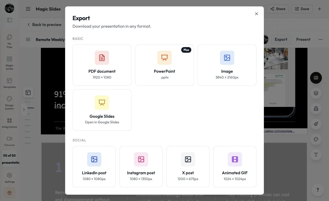 The Export dialog with PDF, PowerPoint, Image, Google Slides and social post formats