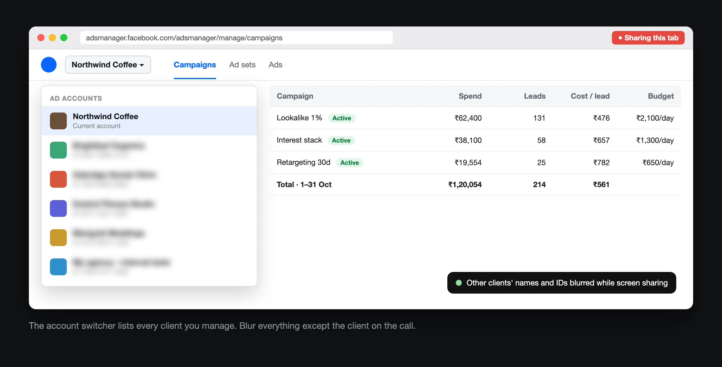 Ads Manager account switcher with every client except the current one blurred during screen share