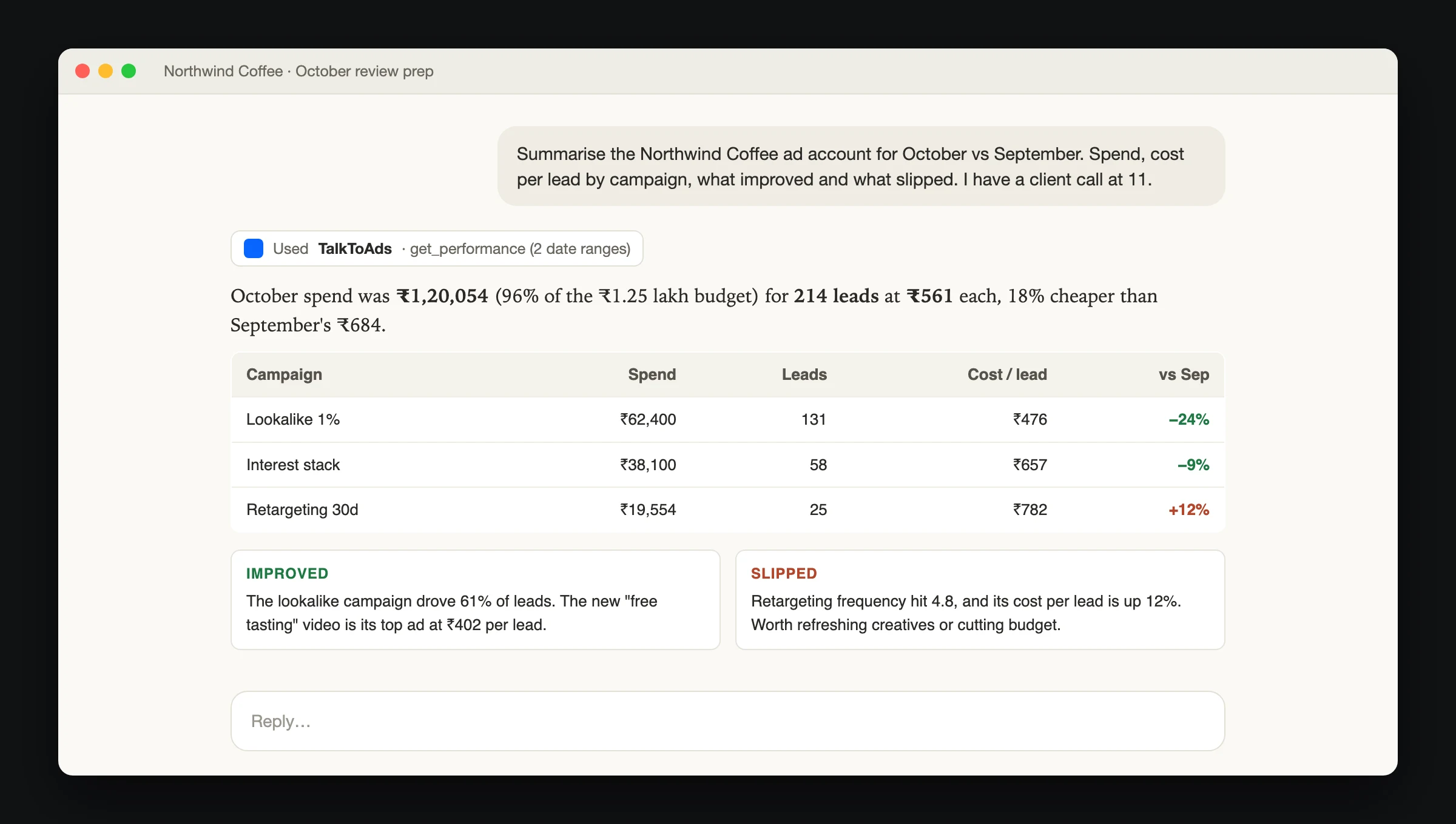 Claude summarising an ad account by campaign with cost per lead changes vs last month