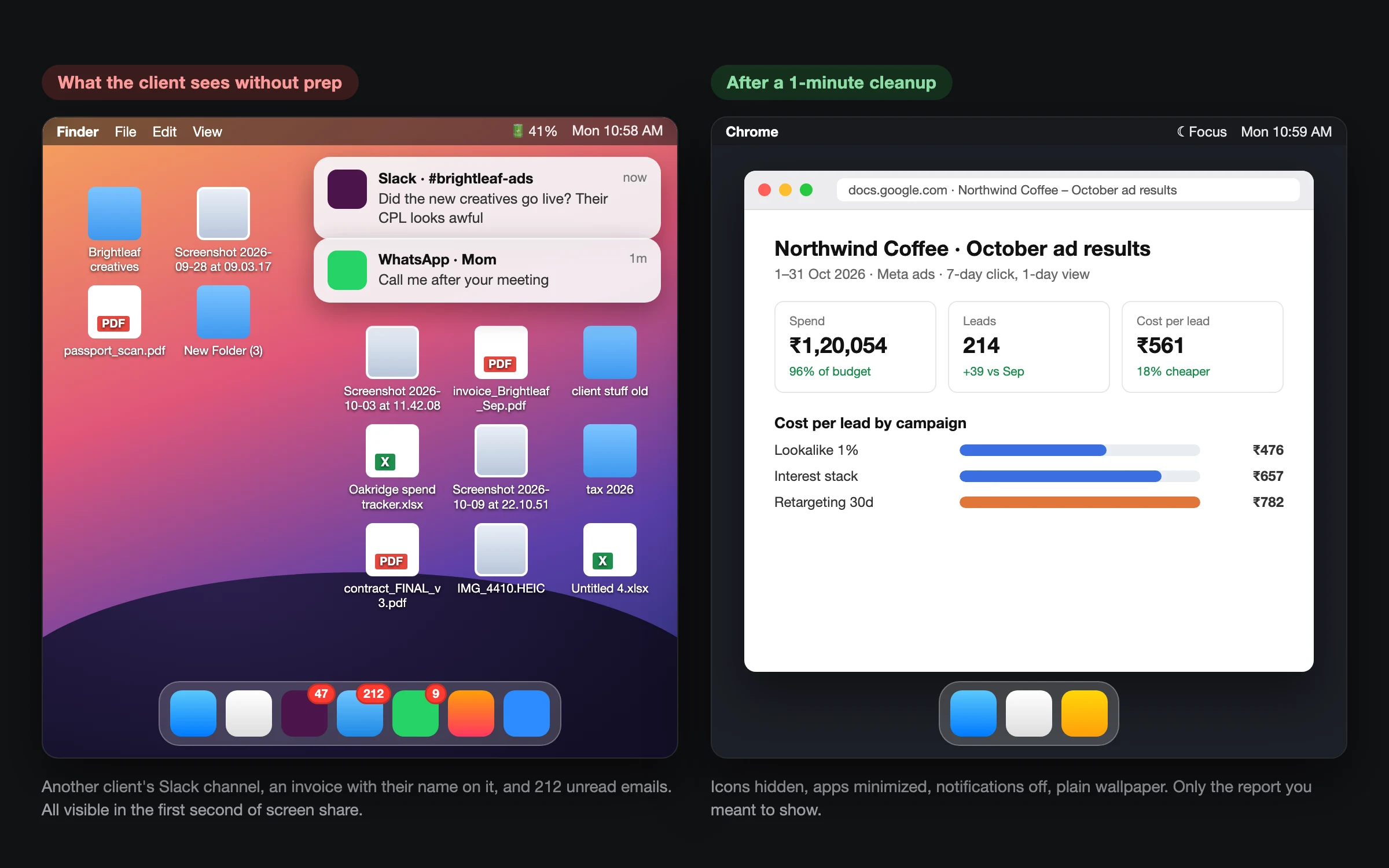 A cluttered Mac desktop with another client's Slack notification next to a clean screen showing only the ad report
