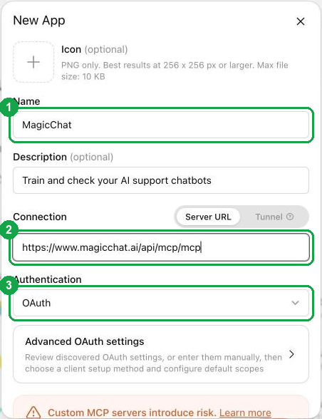 ChatGPT New App form: Name MagicChat, Server URL magicchat.ai/api/mcp/mcp, Authentication OAuth